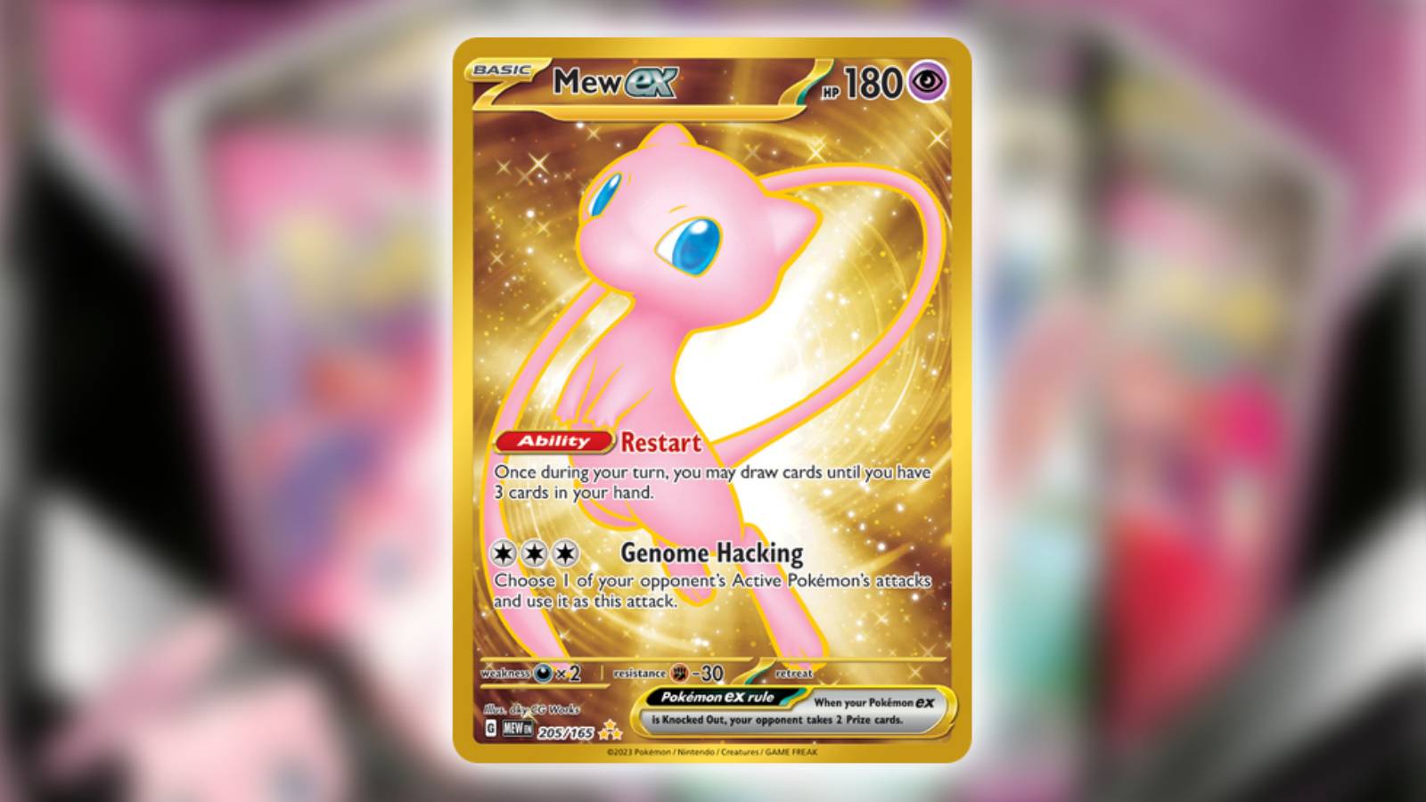 A gold Mew Ex card appears against a blurred background