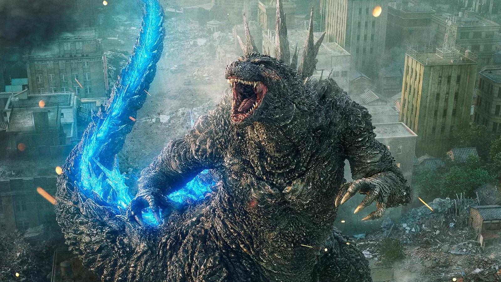 Godzilla charges up his atomic breath in a a promotional image for Godzilla Minus One.