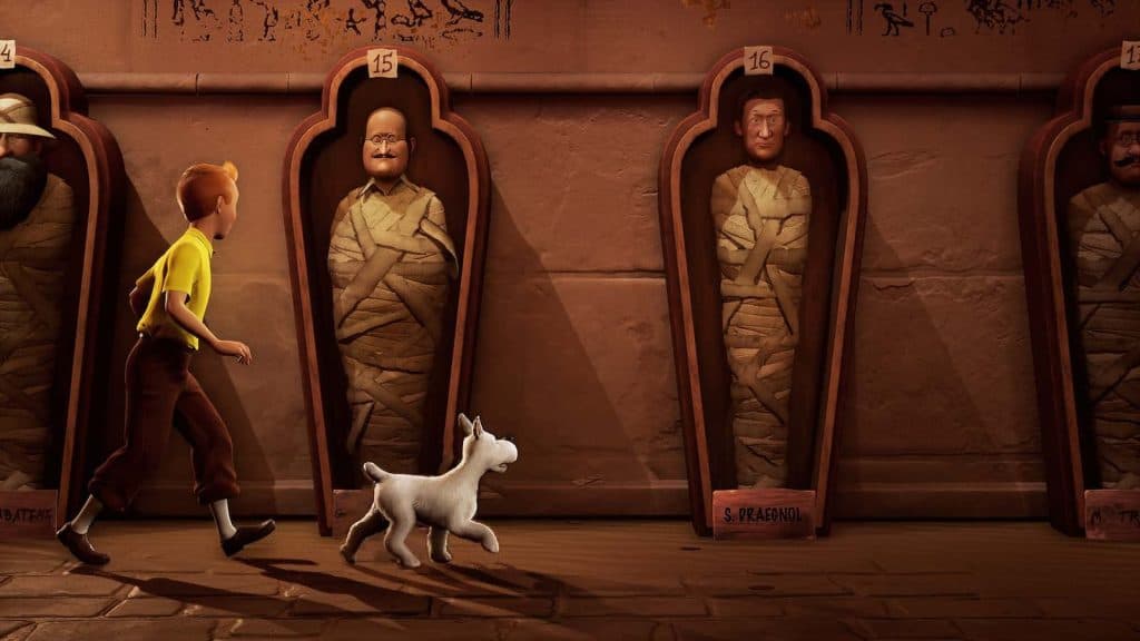 Tintin and Snowy in Pharaoh's Cigar walking past mummies