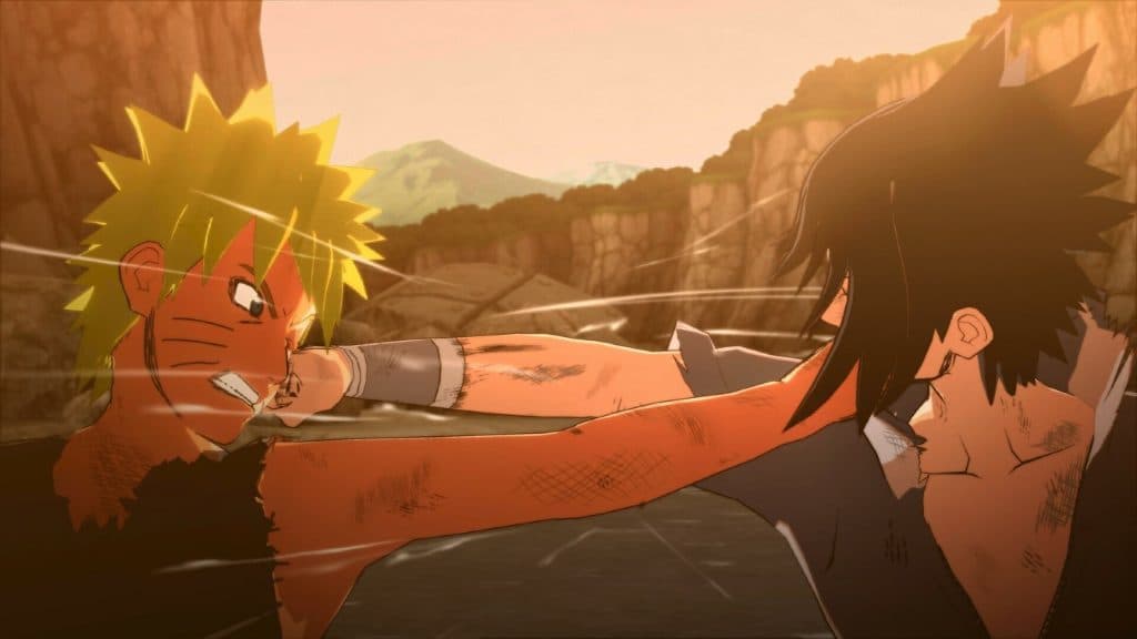 A screenshot of Naruto and Sasuke in combat from Naruto x Boruto Ultimate Storm Connections.