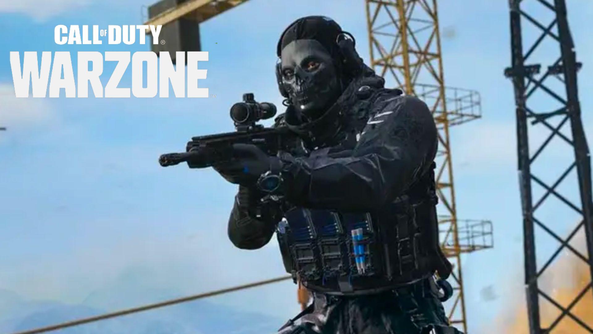 Ghost character in Call of Duty Warzone aiming gun off building site