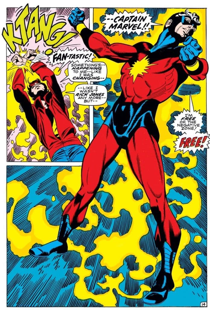 Captain Marvel and Rick Jones swap places by clanging the Nega-Bands togehter