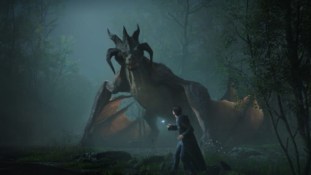 An image of a player and a dragon in Hogwarts Legacy.
