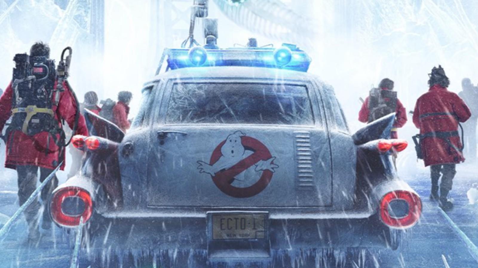The Ghostbuster running alongside their iconic car ECTO-1.