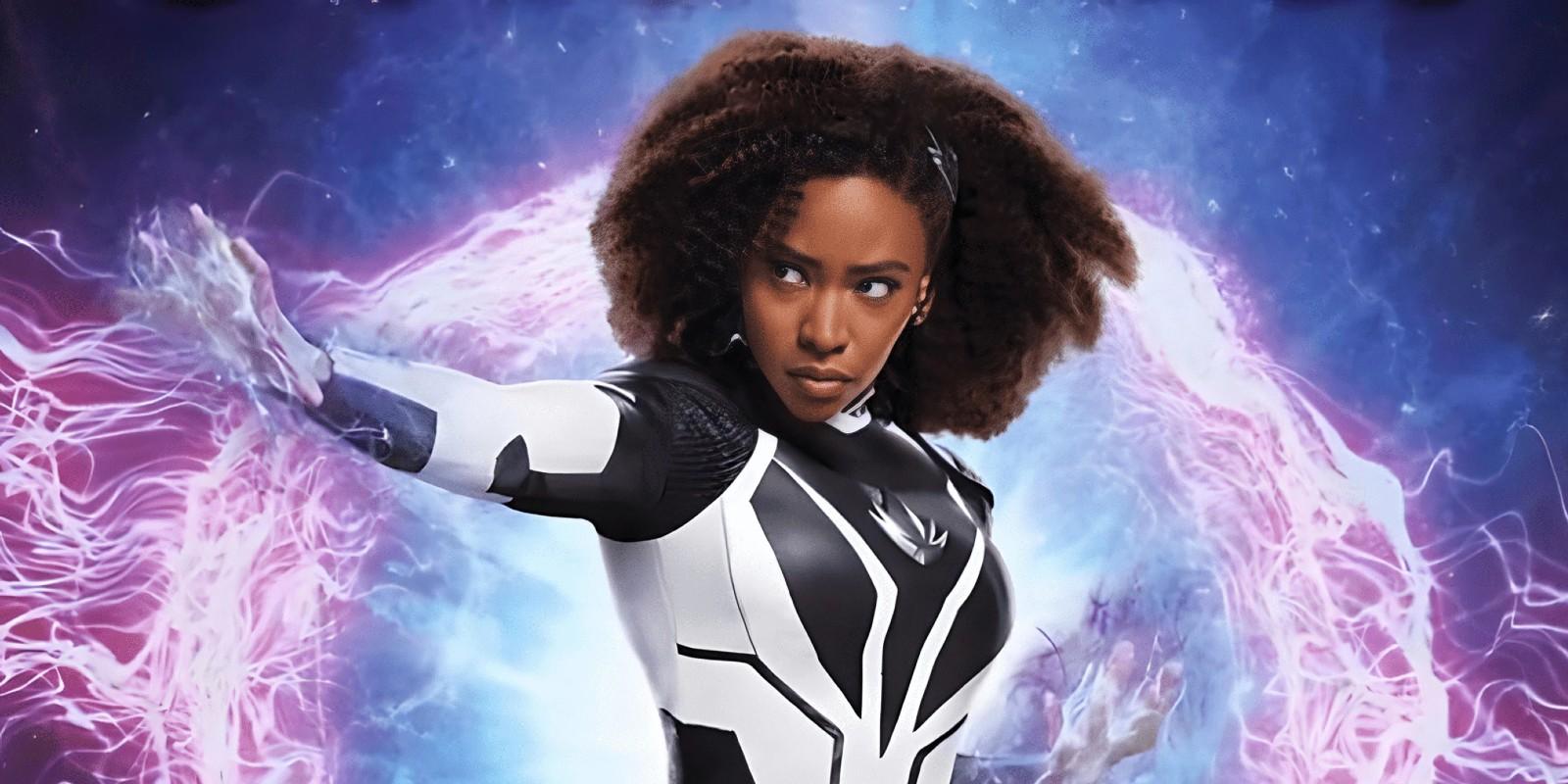 Teyonah Parris as Monica Rambeau using her powers on her The Marvels poster.