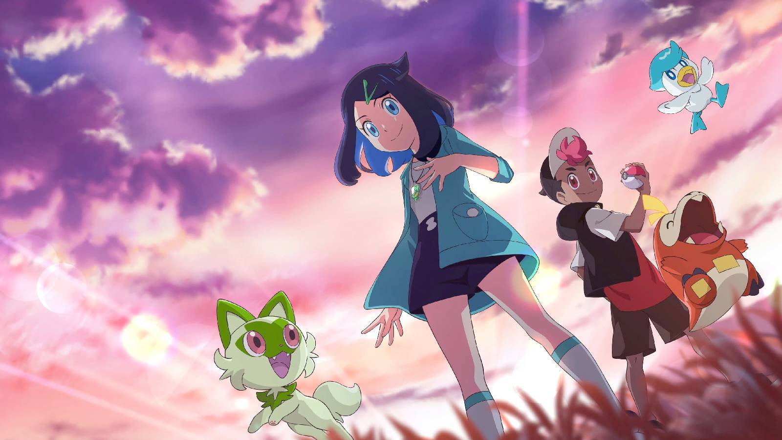 Key art for Pokemon Horizons shows the young girl Liko with her Pokemon Sprigatito, and a young boy called Roy with a Fuecoco and a Quaxly