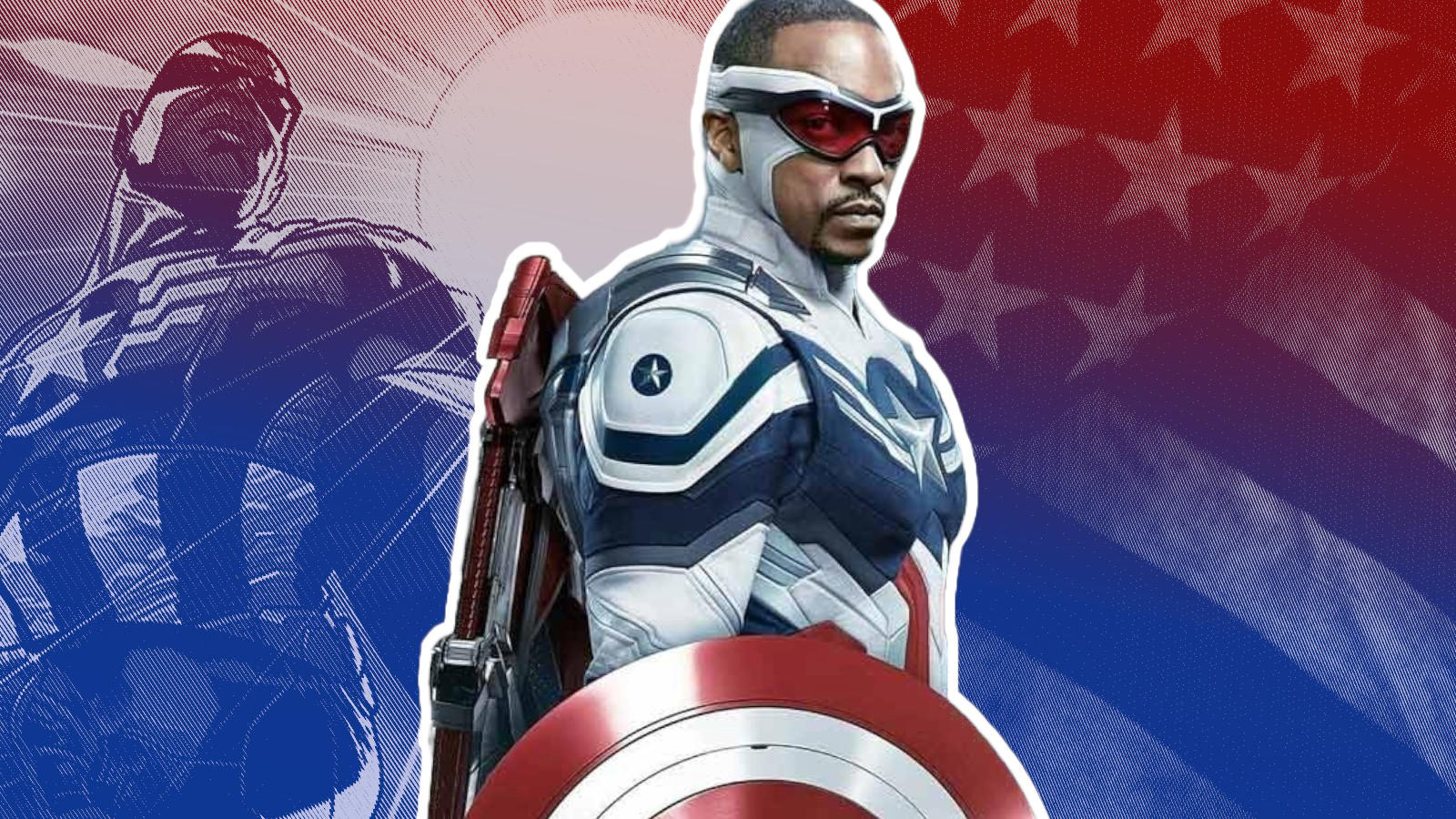 Anthony Mackie as Captain America, with a comic book background