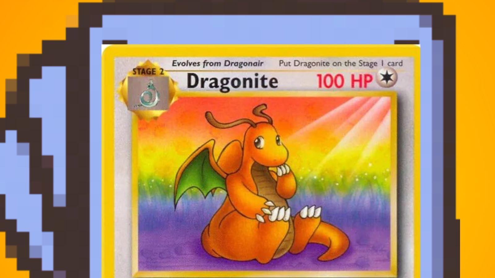 Dragonite Pokemon Card against an orange background