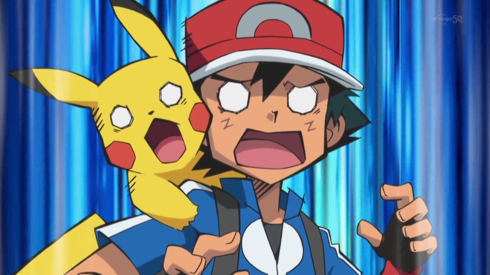 Ash and Pikachu looking shocked