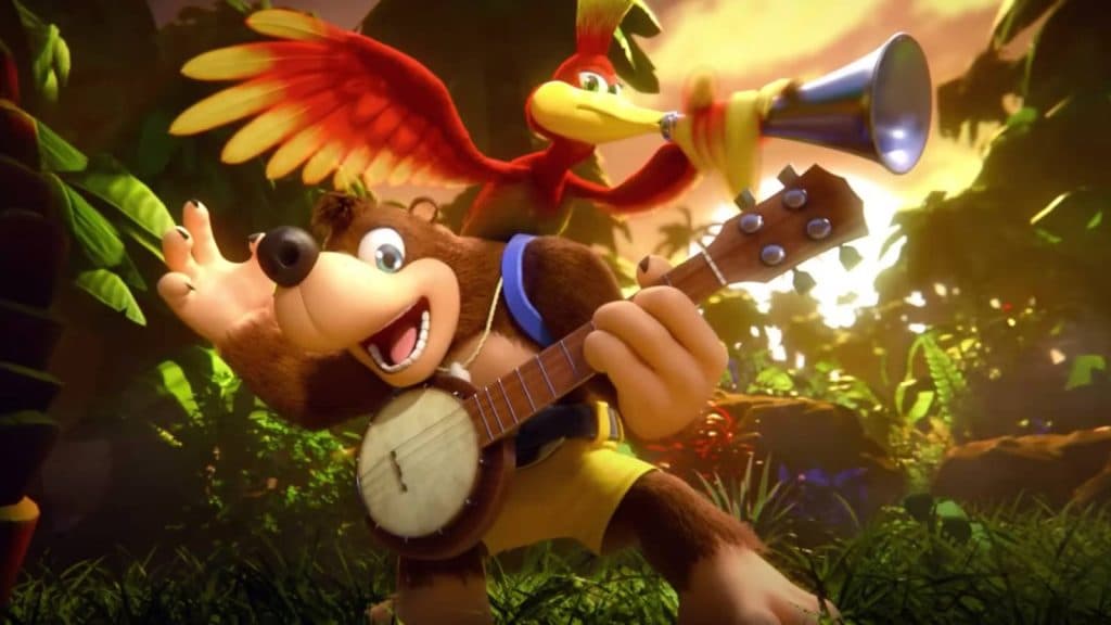 Banjo Kazooie appear triumphantly in a jungle setting