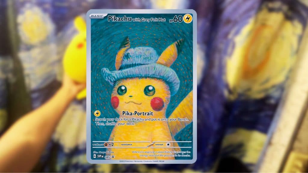 Pikachu wearing a felt hat card in front of shower curtains showing Vincent Van Gogh's Starry Night
