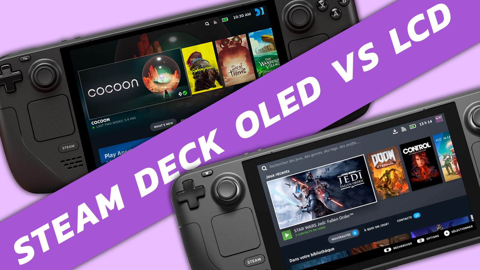 steam deck oled vs lcd with steam deck oled and lcd models split by a purple banner