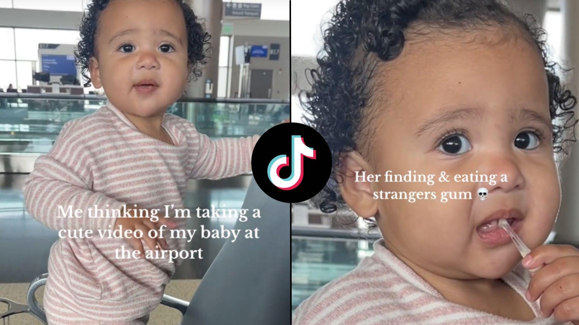 Baby eating gum off aiport chair with tiktok logo