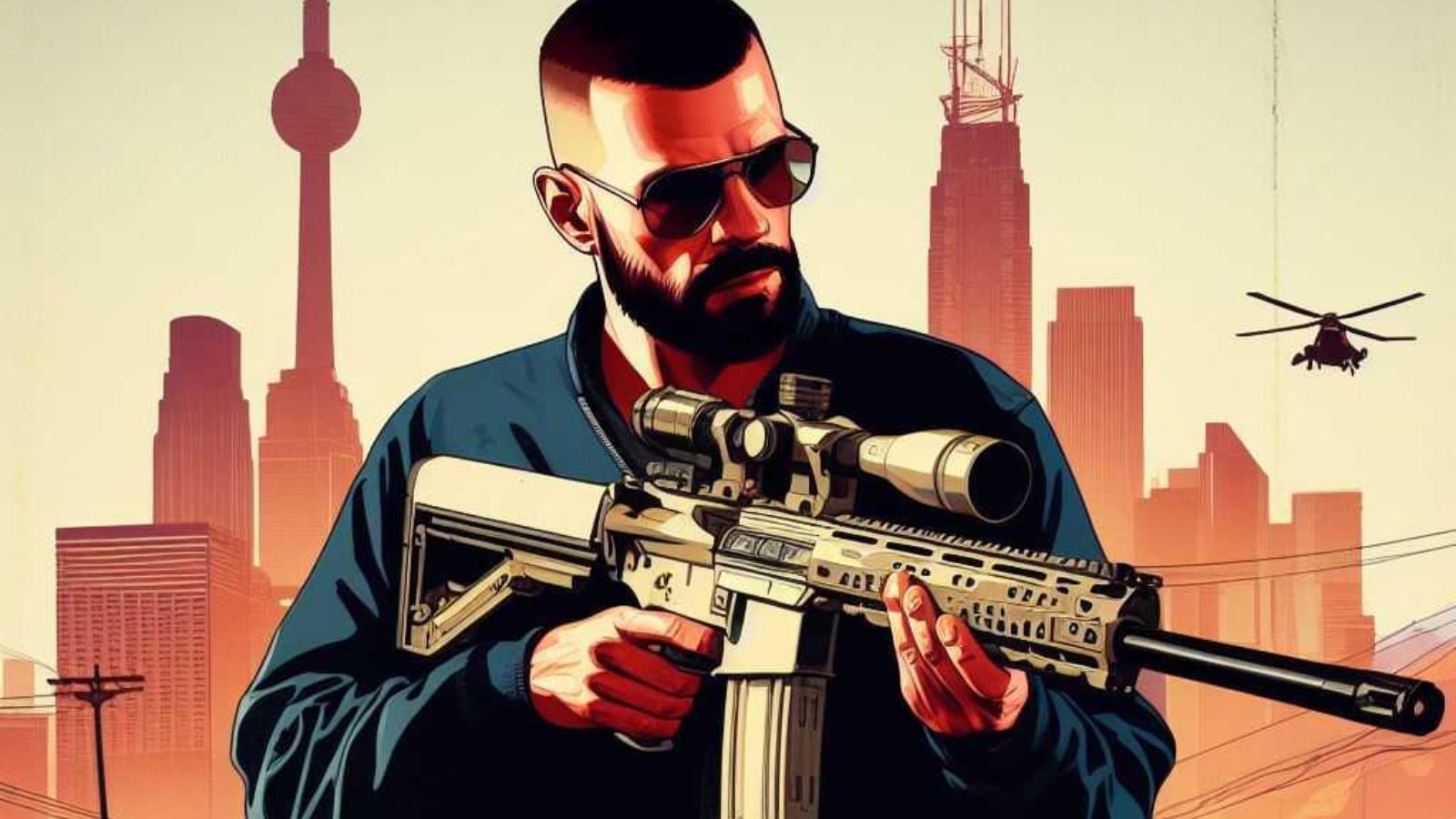 man holding sniper rifle in GTA 6 style loading screen