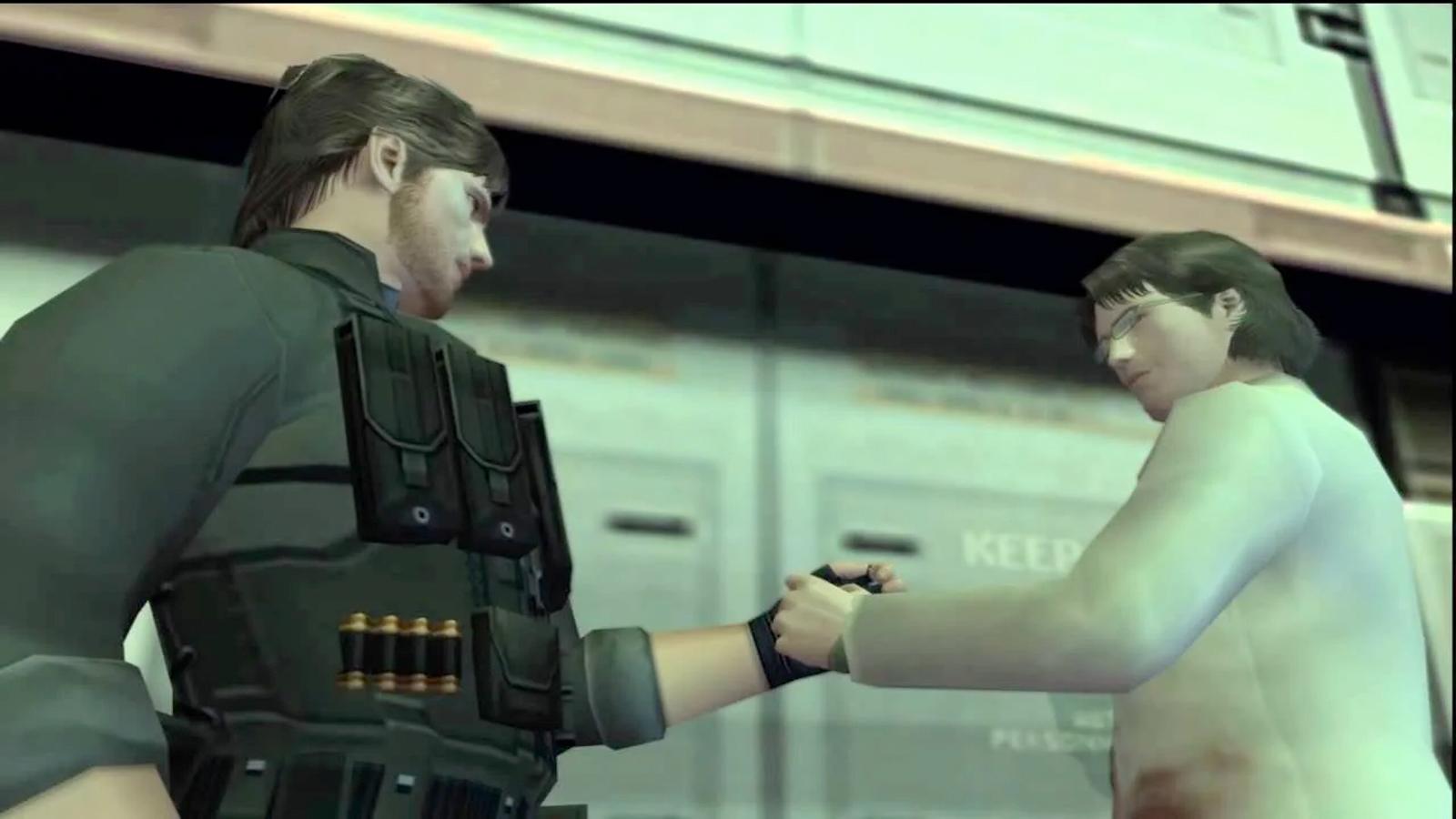 metal gear solid 2's otacon and snake doing their really cool handshake