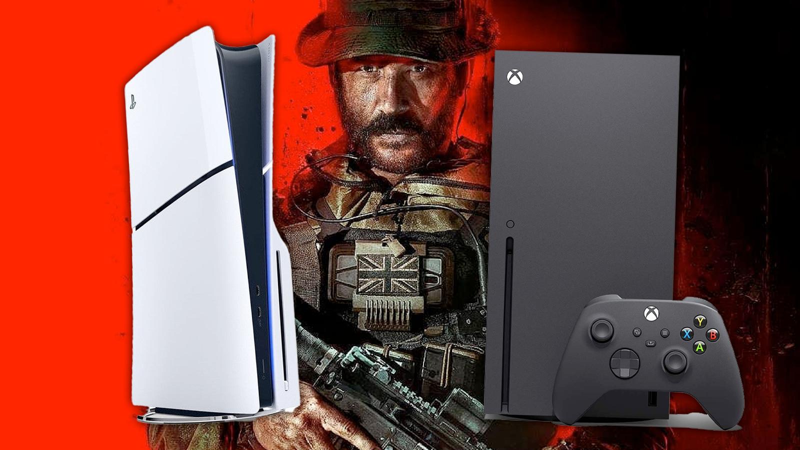 ps5 and xbox series x with modern warfare 3 key art in background