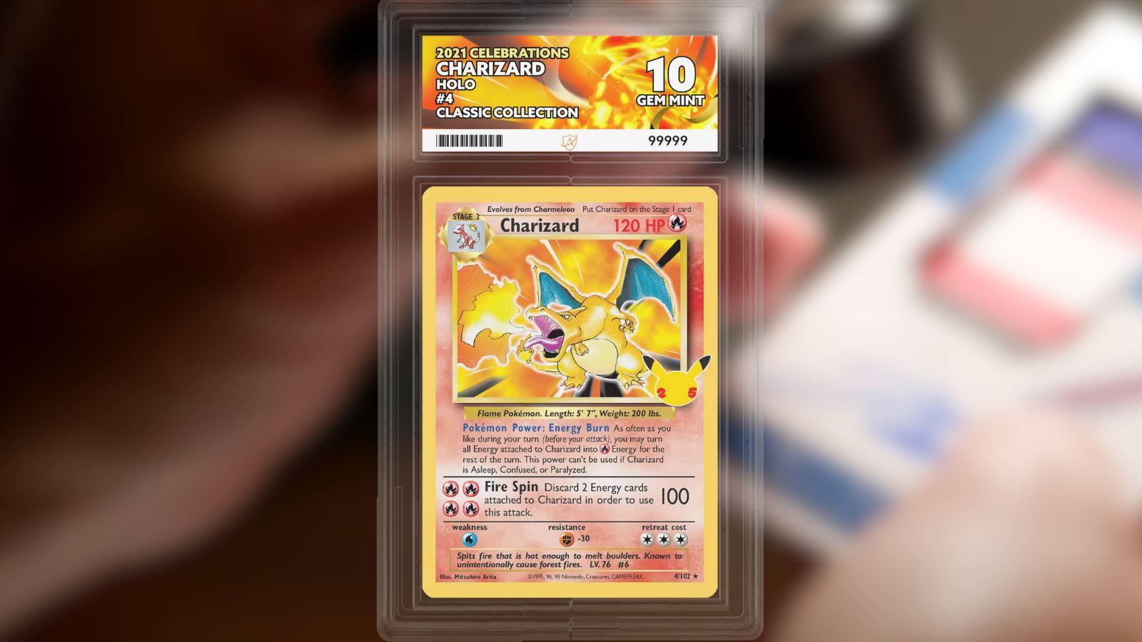 A Charizard pokemon trading card. background is a man inspecting trading card with Lupe