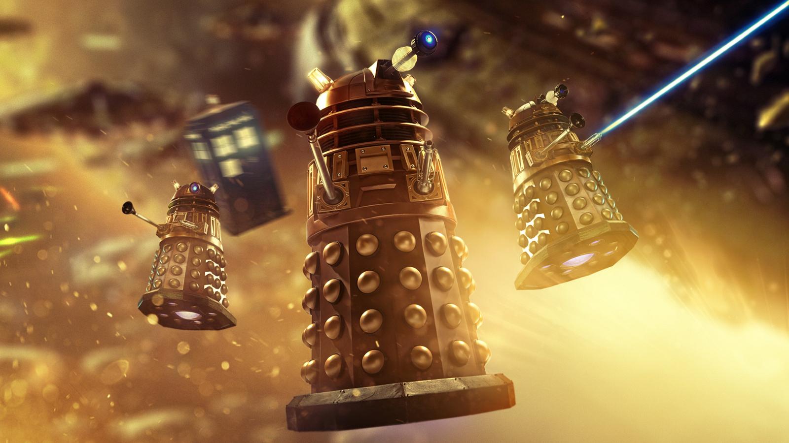 Daleks flying away from the TARDIS in a Doctor Who publicity image