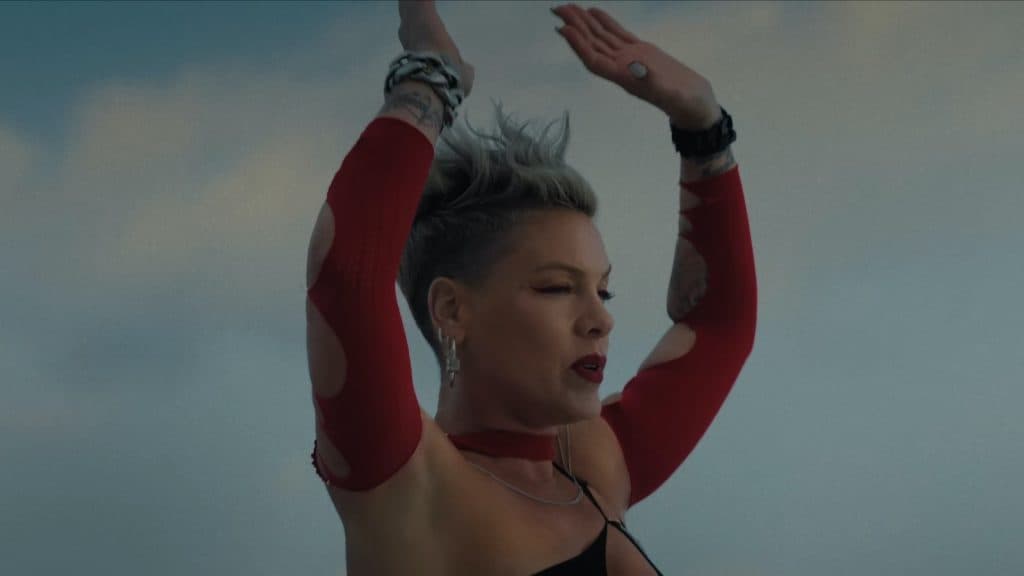 Pop singer P!nk with her arms raised over her head in front of a cloudy blue sky