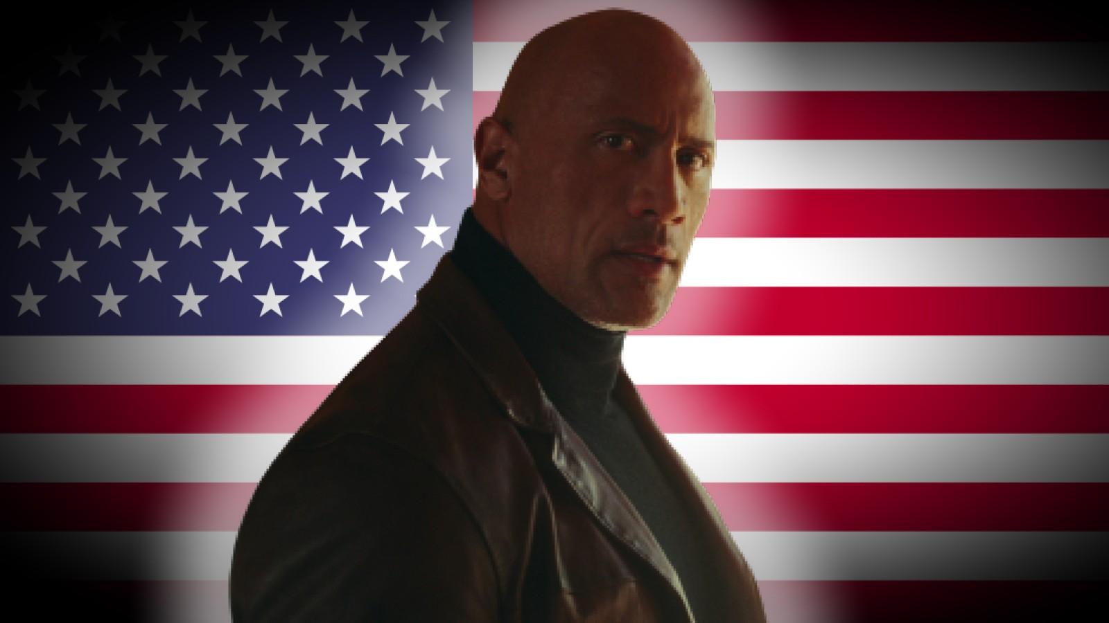 Dwayne Johnson in front of a US flag