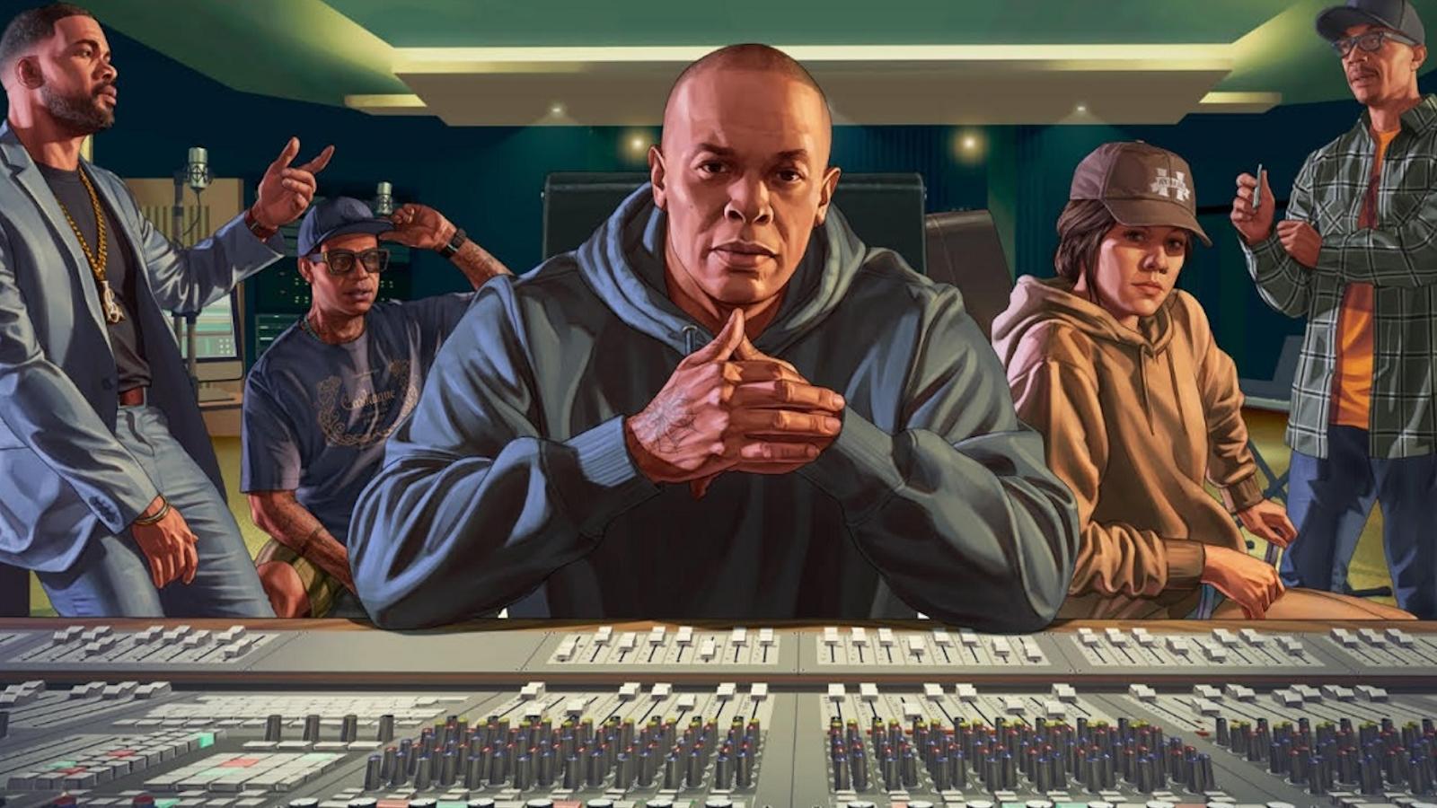 Dr Dre and company in GTA V radio station announcement.