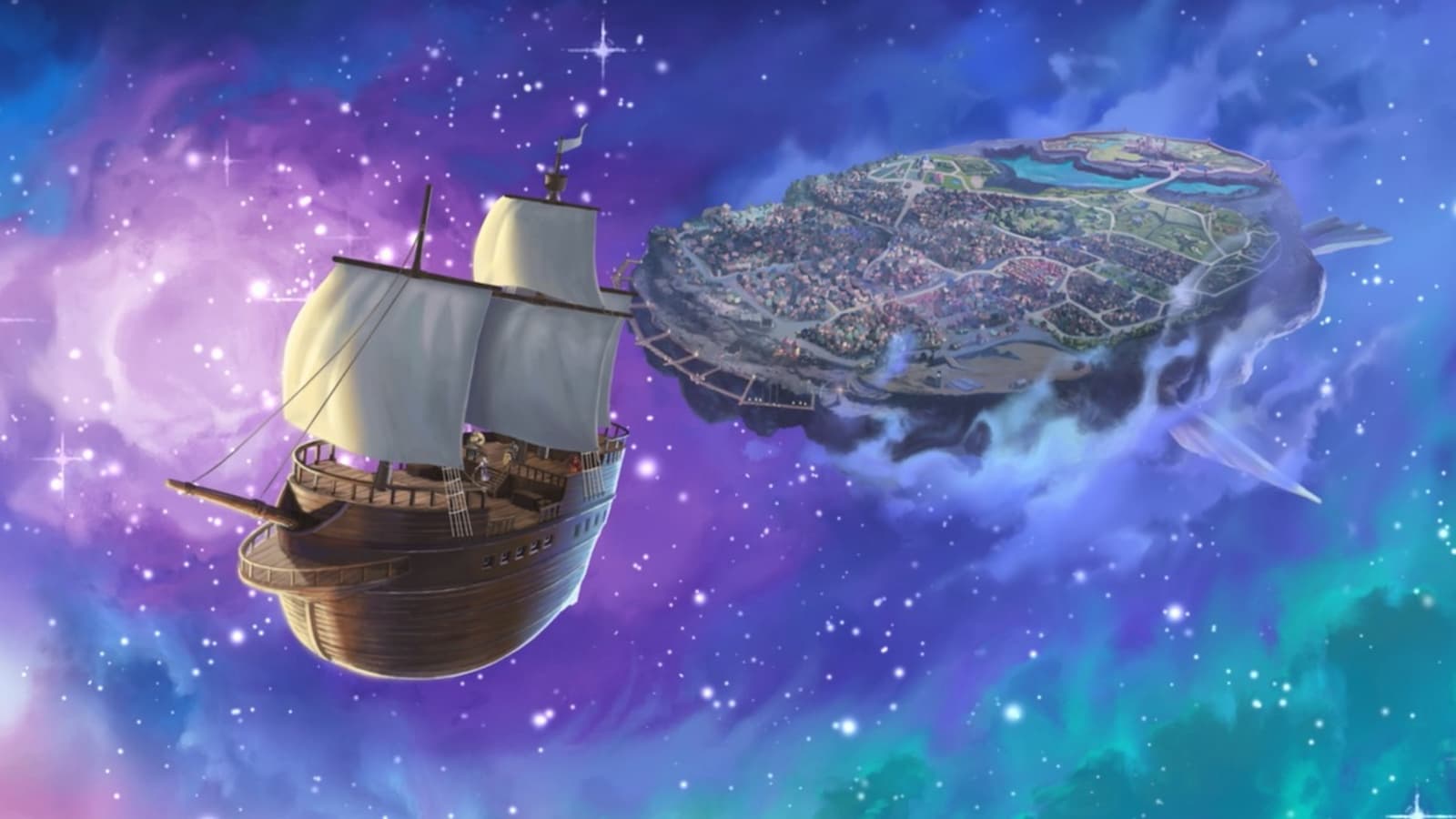A Galleon sailing away from an asteroid city in D&D's Spelljammer campaign