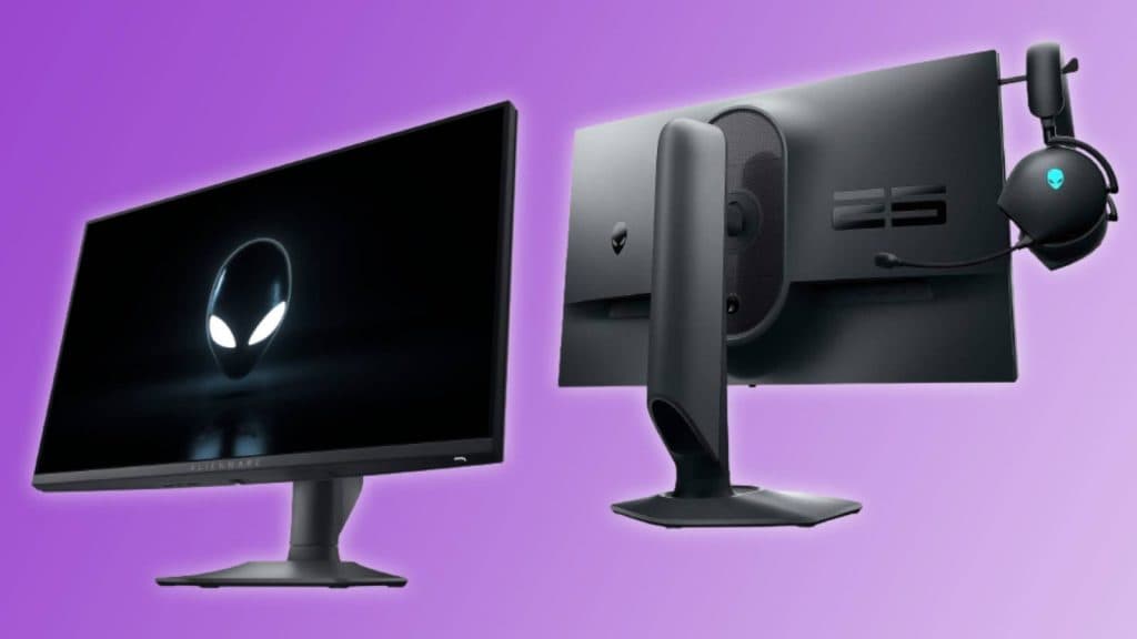 Image of the front and back of the Alienware AW2523HF Gaming Monitor, on a purple and white background.