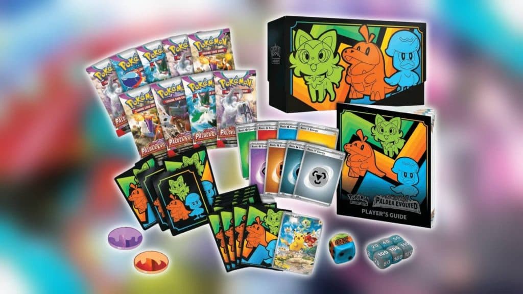 A product shot shows the Pokemon TCG Scarlet and VIOlet ELite Trainer Box and its contents