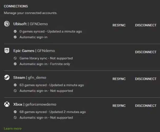 GeForce Now connections page