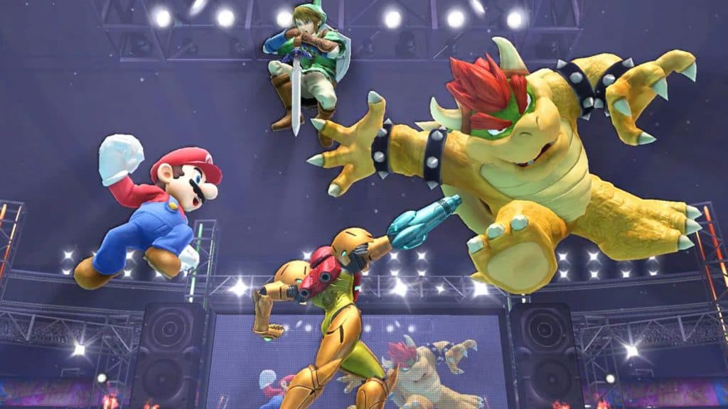 Mario se luptă cu Link, Bowser și Samus în Super Smash Bros