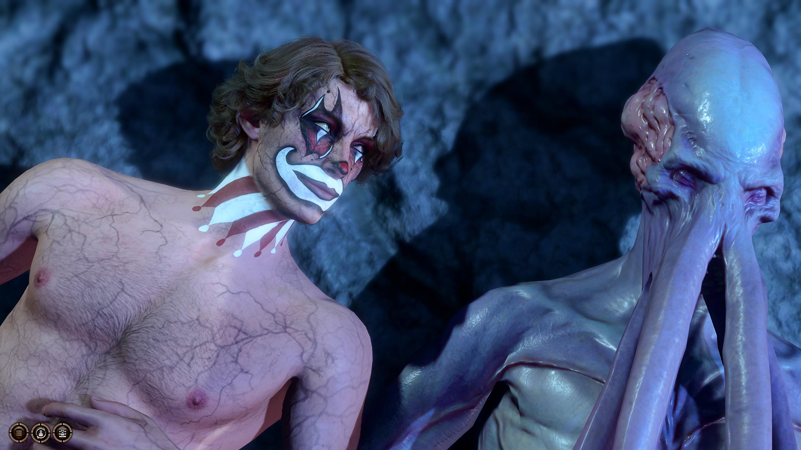 Baldur's Gate 3 character in clown makeup with Emperor in romance scene