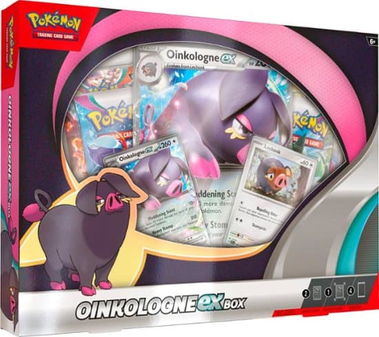 A Pokemon card box full of packs of cards featuring 'Oinkologne ex' and 'lechonk', hog Pokemon