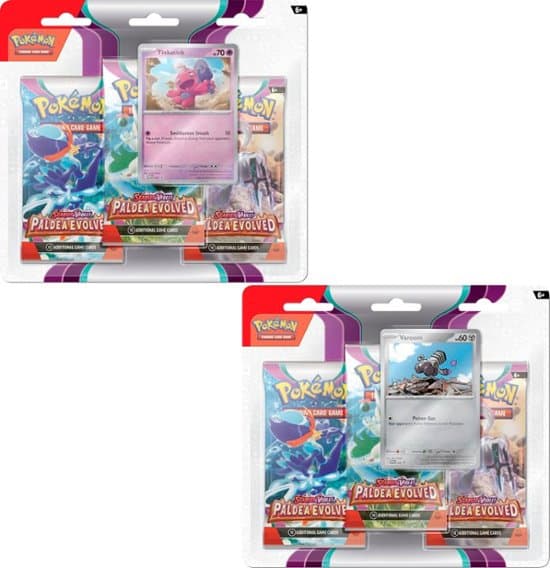Two blister packs of Pokemon 'Paldea Evolved' cards, each pack holds three packs in clear casing with one shiny foil card on top.