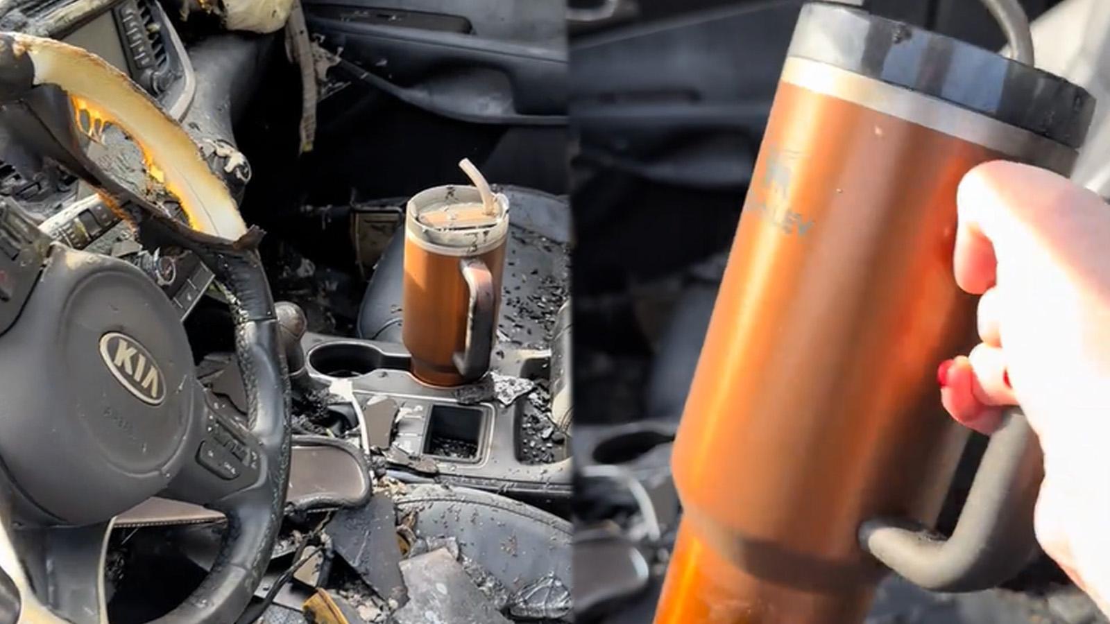 Stanley offers to replace woman's car after fire leaves brand's tumbler untouched