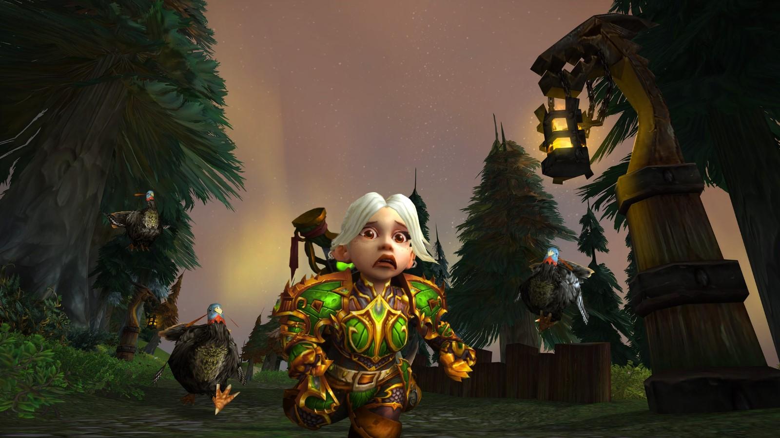 A Gnome runs away from a turkey in WoW's Pilgrim's Bounty event