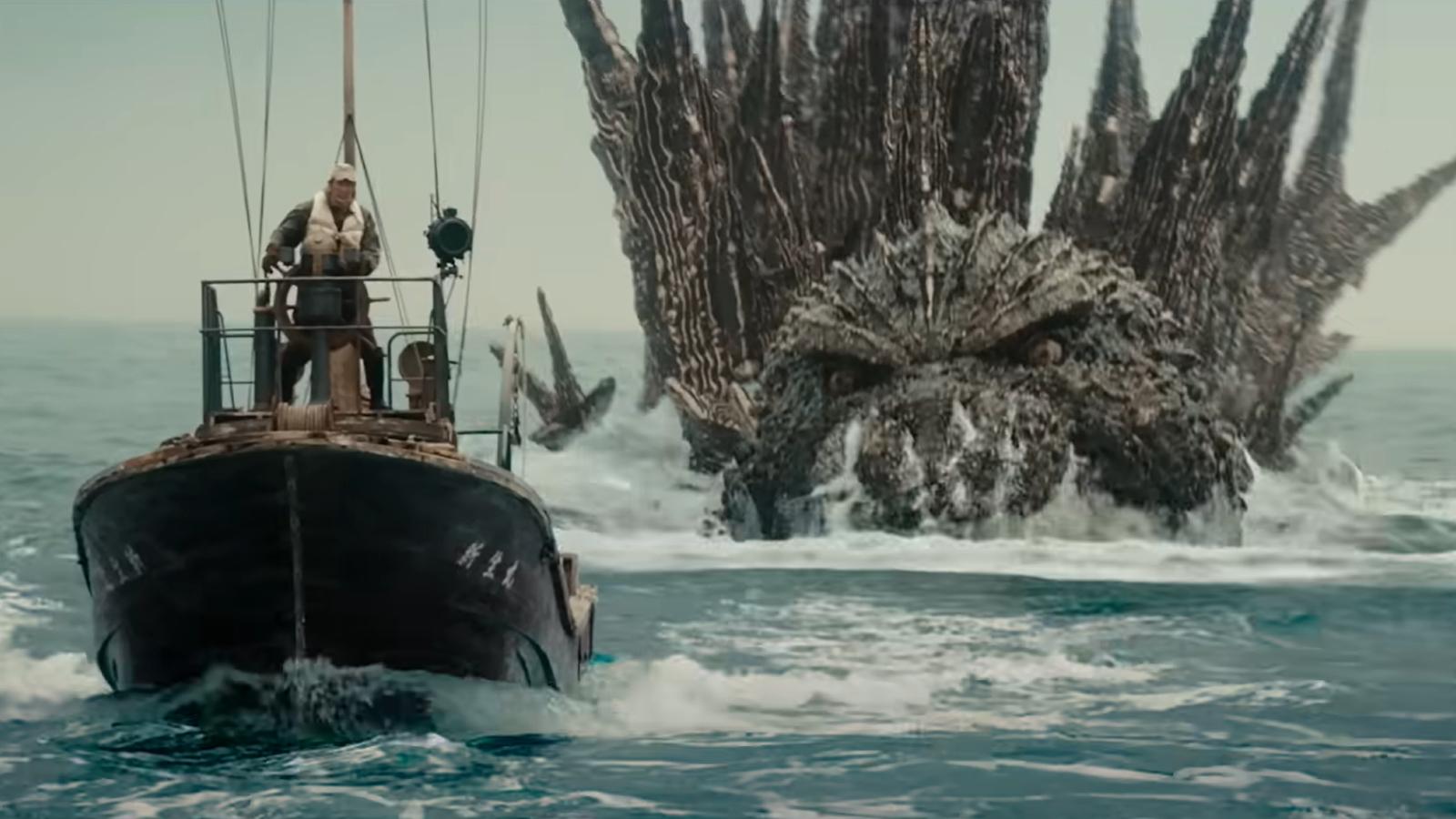 Godzilla attacks a boat in Godzilla Minus One.