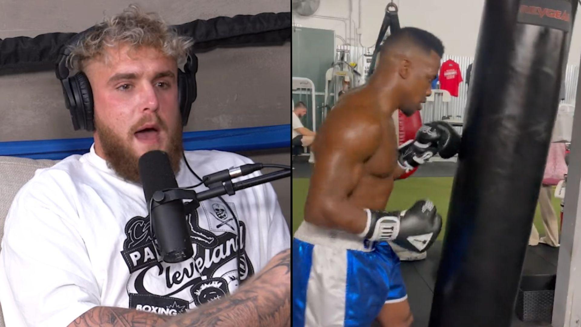 Jake Paul talking to mix side by side with andre august hitting punching bag