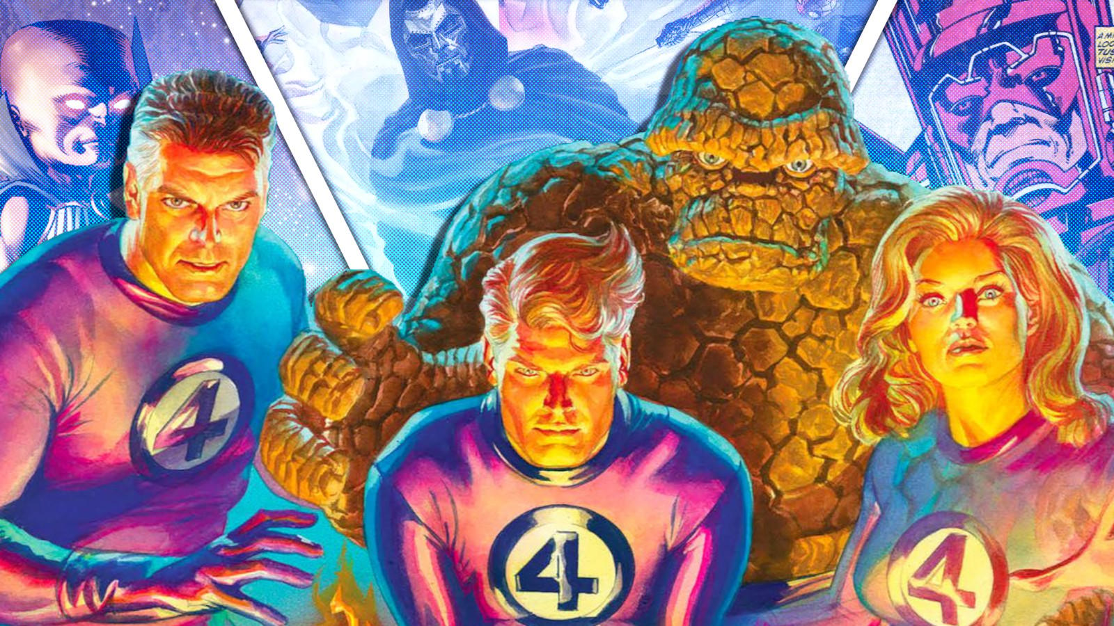 The Fantastic Four with with The Watcher, Doctor Doom, and Galactus