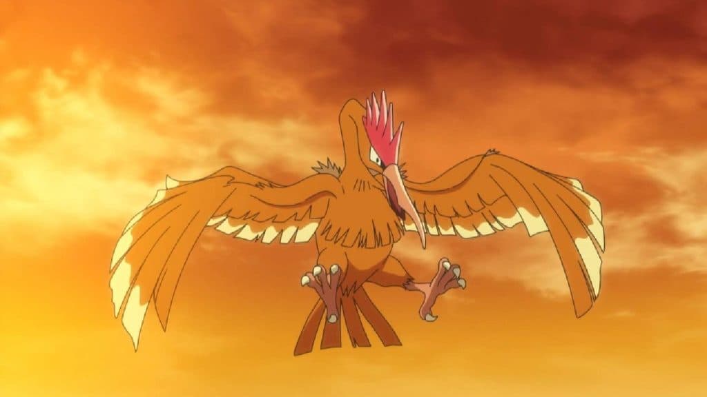The flying Pokemon Fearow appears flying in the sky at sunset