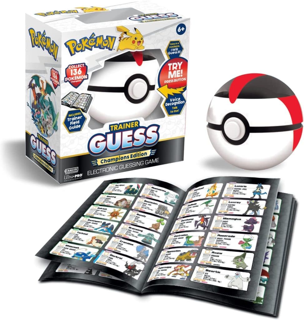 A Pokemon Guessball STEM toy and a player guide next to the item's box