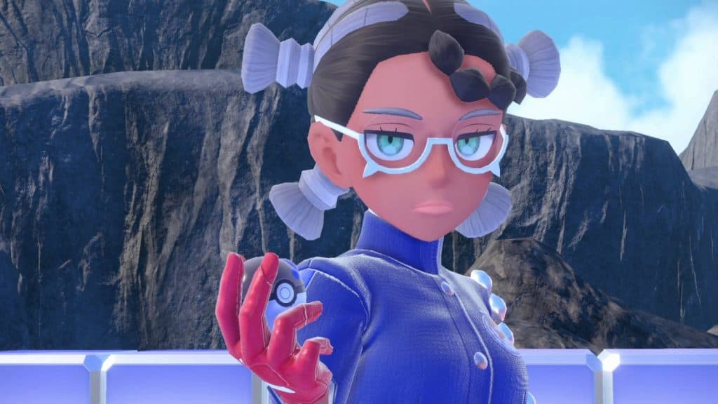 Elite Four trainer Amarys holds a Poke Ball in her hand