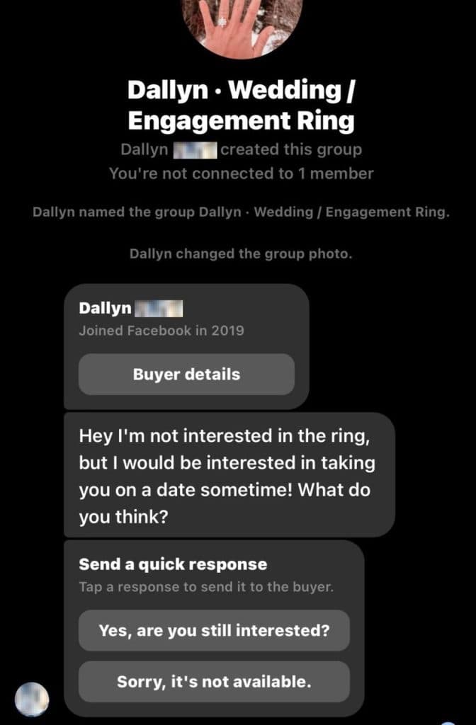 Woman selling engagement ring bombarded by “creepy” Facebook messages