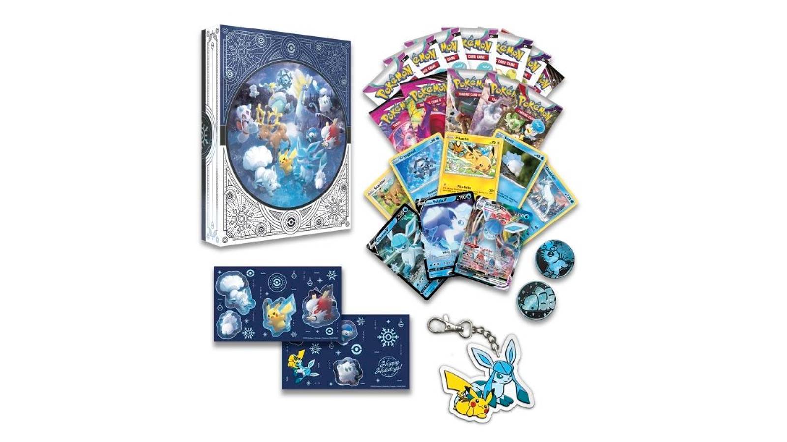 The contents of a Pokemon Holiday Calendar showing stickers, a key chain with Pikachu and Glaceon, Pokemon coins, and sealed packets of cards