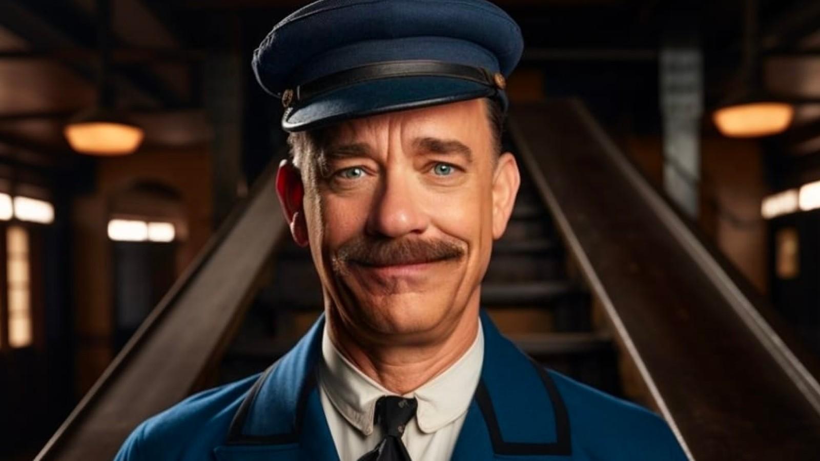 Tom Hanks on the fake poster for The Christmas Express, a fake Polar Express sequel