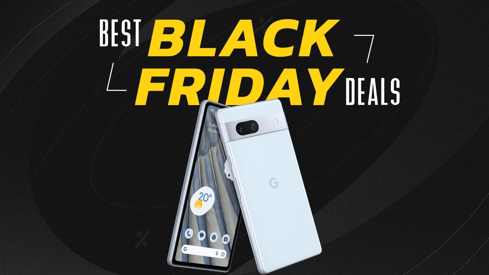 Pixel 7a in blue with Black Friday background with yellow lettering