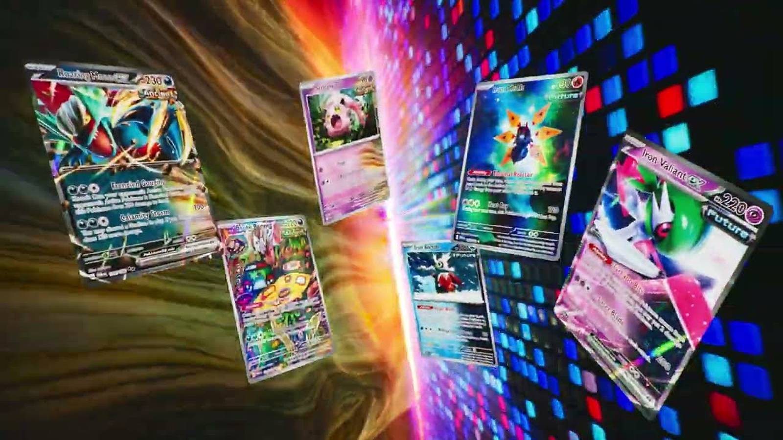 Promotional material shows several Pokemon TCG Paradox Rift cards