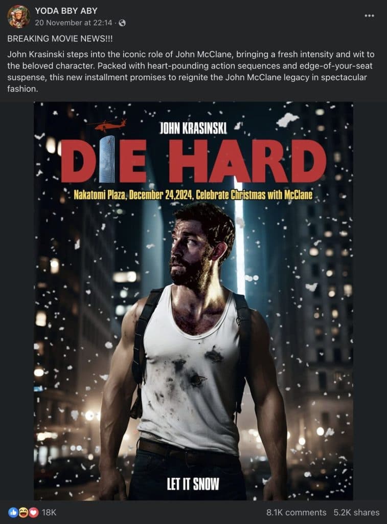 The Facebook post with the fake Die Hard 2024 poster