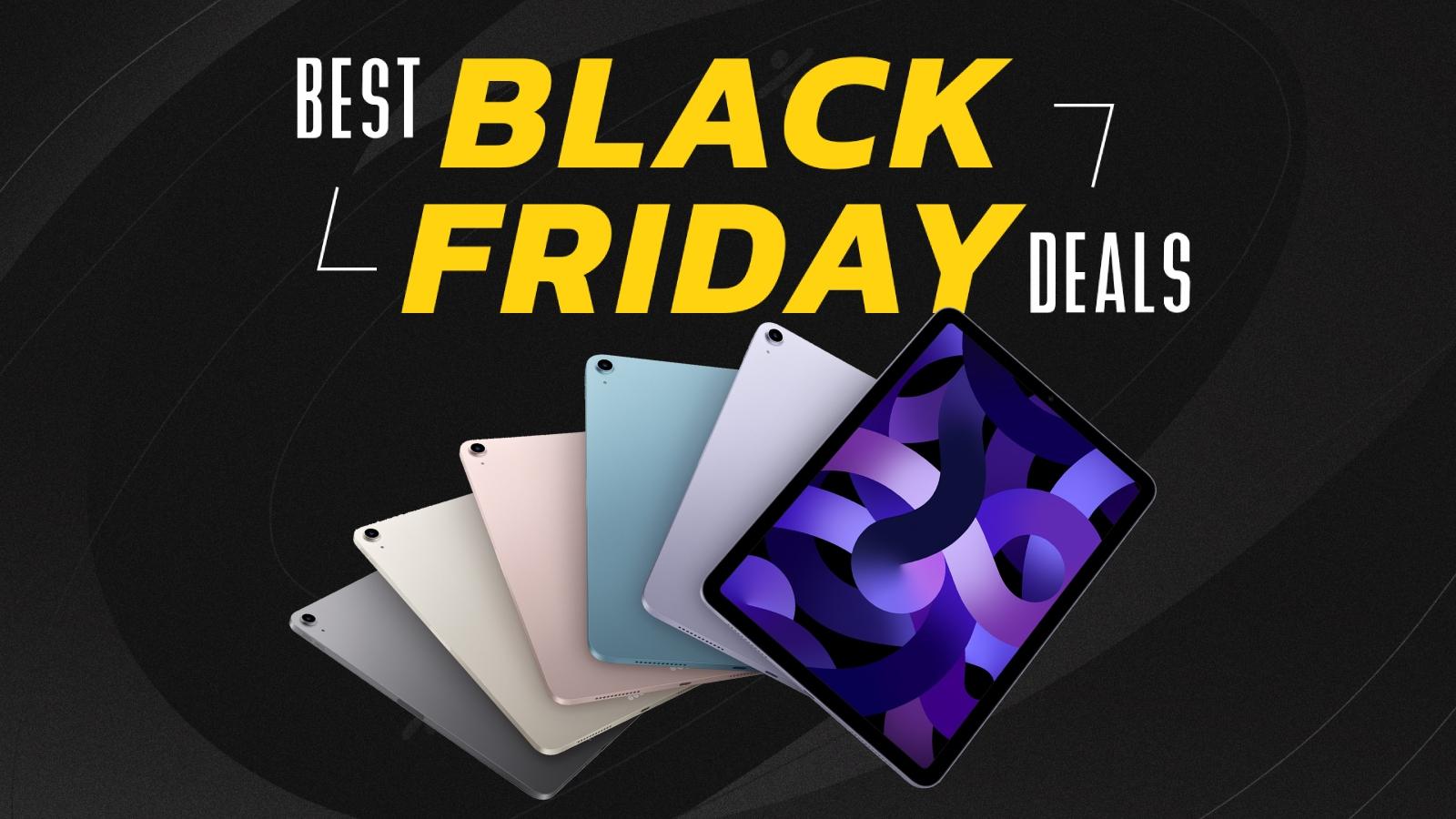 Multiple iPad Airs in different colors on Black Friday background with yellow letters