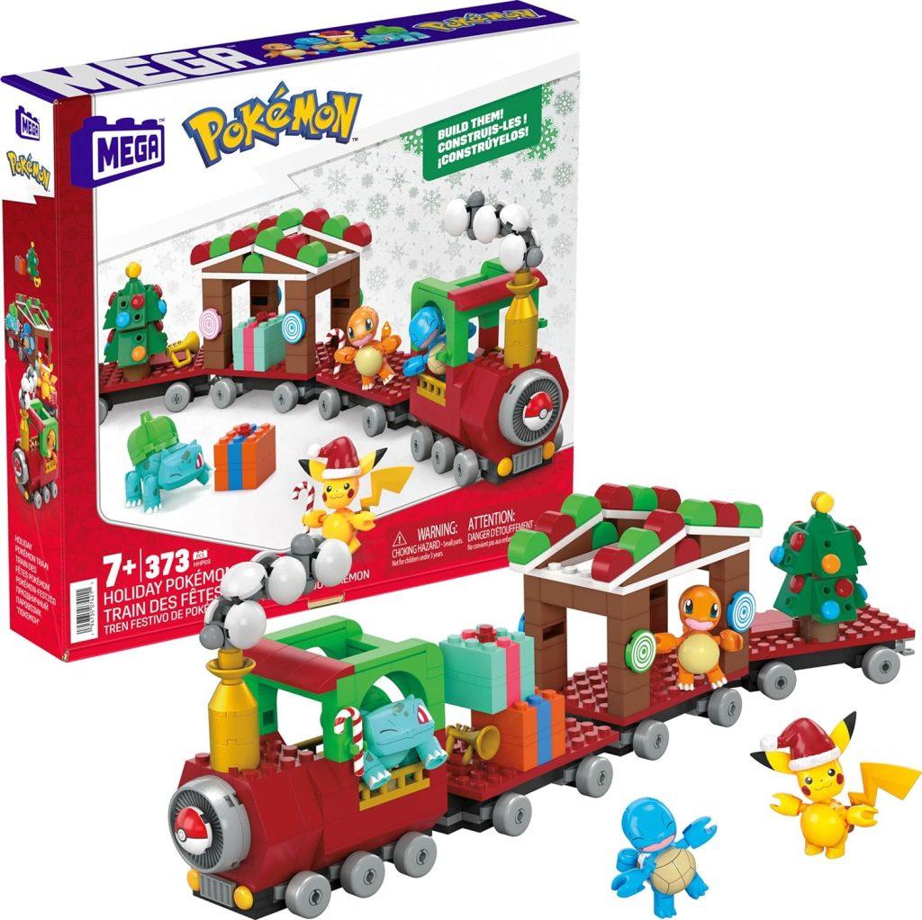 Pokemon MEGA Construx building set with a four carriage train decorated with Christmas ornaments, and Pikachu, Bulbasaur, Charmander and Squirtle figurines