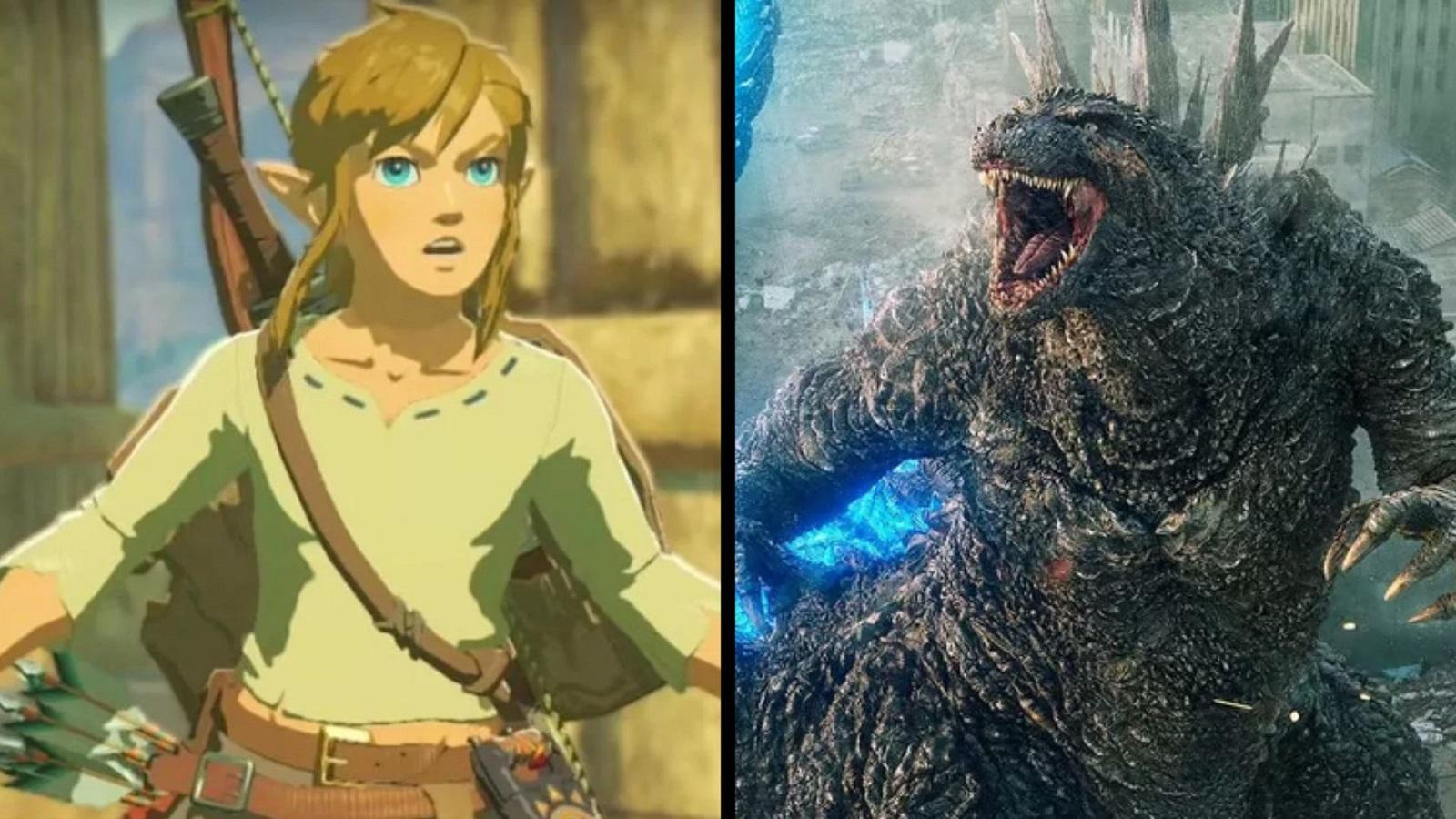 Link shocked and Godzilla roaring